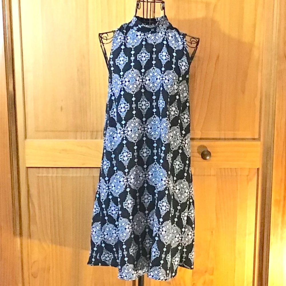 Black High Collar Midi Dress with Print
